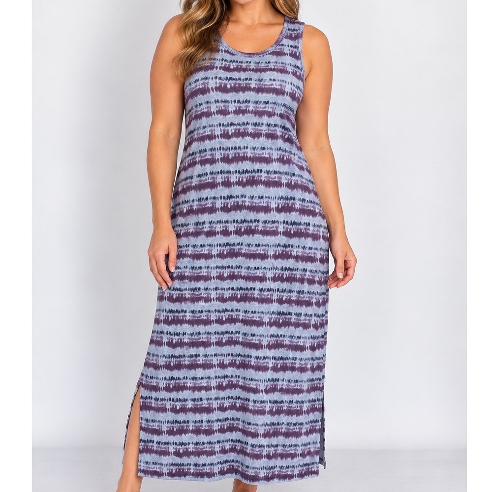 Eddie Bauer Medium Tie Dye Maxi Dress Cotton Blend Sleeveless Boho Blue Purple